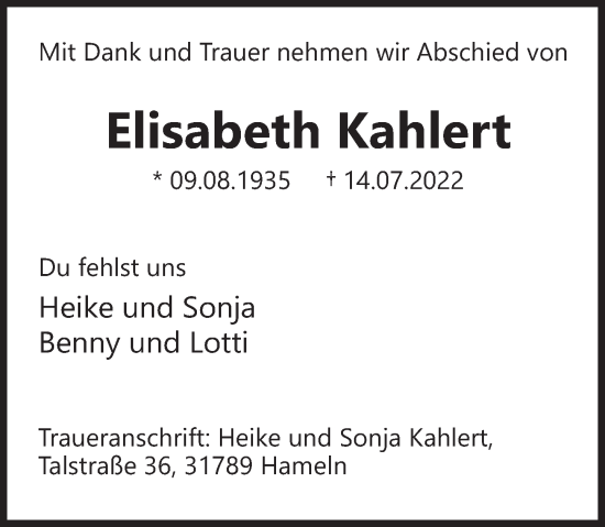Traueranzeige von Elisabeth Kahlert von Deister- und Weserzeitung