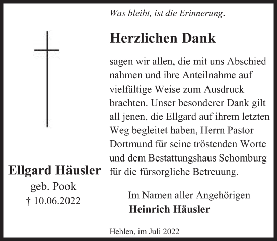 Traueranzeige von Ellgard Häusler von Deister- und Weserzeitung