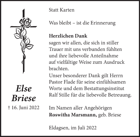 Traueranzeige von Else Briese von Neue Deister-Zeitung