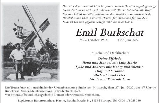 Traueranzeige von Emil Burkschat von Neue Deister-Zeitung