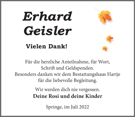 Traueranzeige von Erhard Geisler von Neue Deister-Zeitung