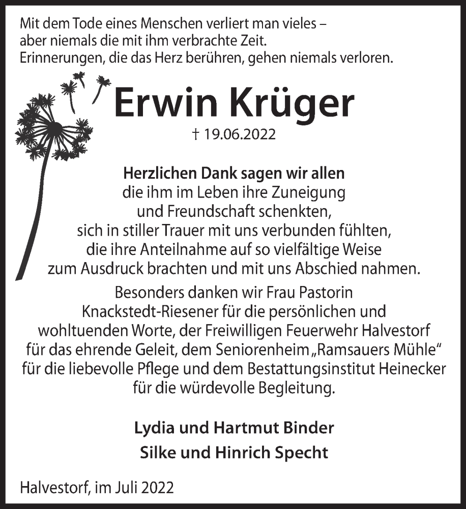  Traueranzeige für Erwin Krüger vom 23.07.2022 aus Deister- und Weserzeitung