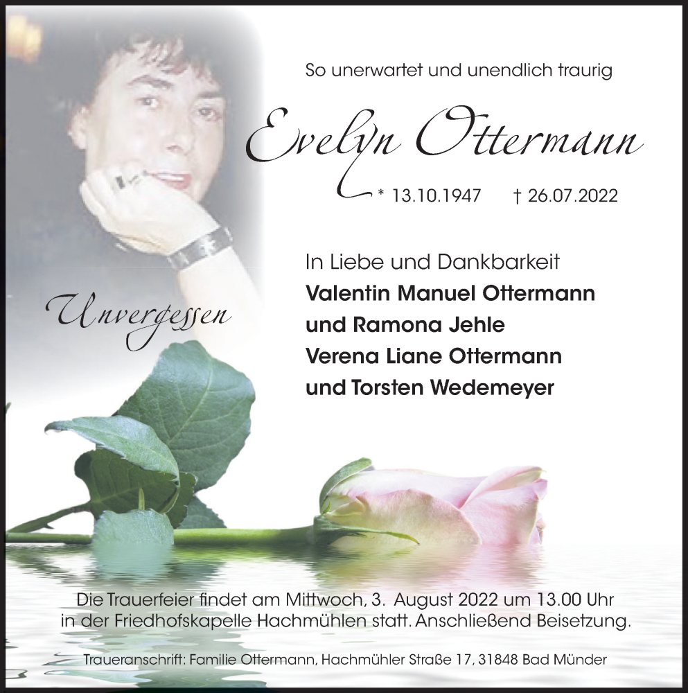  Traueranzeige für Evelyn Ottermann vom 30.07.2022 aus Deister- und Weserzeitung