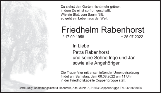 Traueranzeige von Friedhelm Rabenhorst von Deister- und Weserzeitung