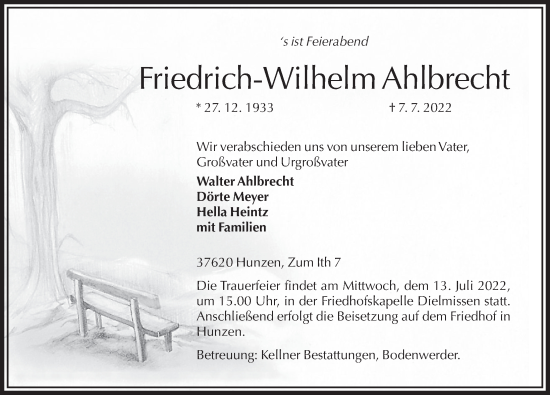 Traueranzeige von Friedrich-Wilhelm Ahlbrecht von Deister- und Weserzeitung