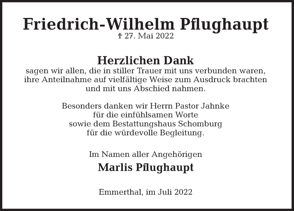  Traueranzeige für Friedrich-Wilhelm Pflughaupt vom 16.07.2022 aus Deister- und Weserzeitung