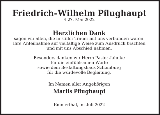Traueranzeige von Friedrich-Wilhelm Pflughaupt von Deister- und Weserzeitung