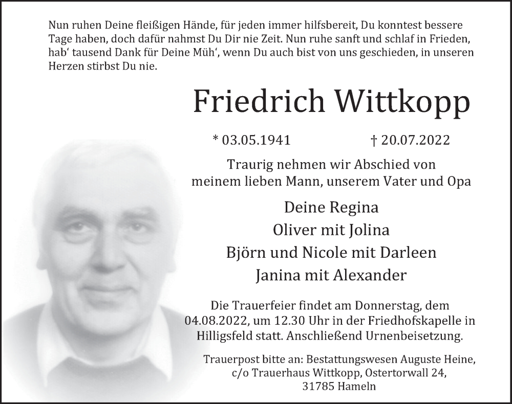  Traueranzeige für Friedrich Wittkopp vom 30.07.2022 aus Deister- und Weserzeitung