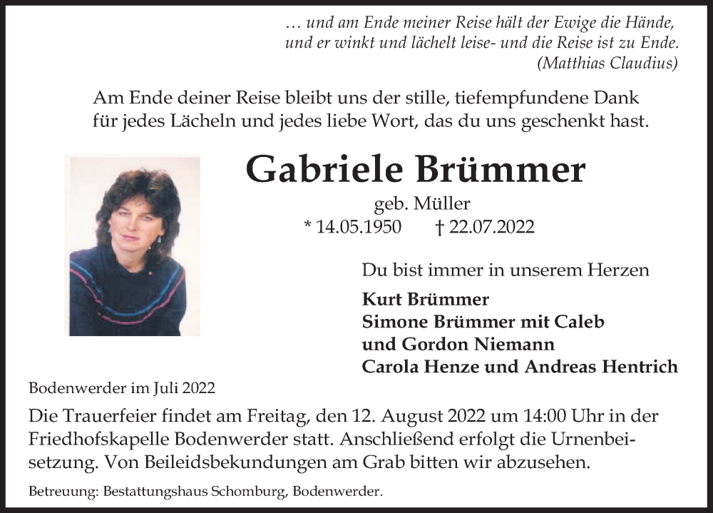  Traueranzeige für Gabriele Brümmer vom 30.07.2022 aus Deister- und Weserzeitung