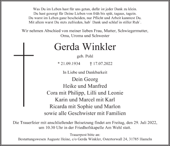 Traueranzeige von Gerda Winkler von Deister- und Weserzeitung