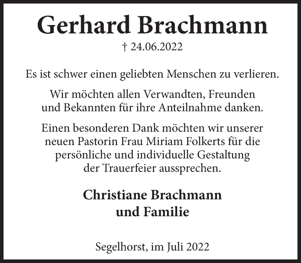  Traueranzeige für Gerhard Brachmann vom 30.07.2022 aus Deister- und Weserzeitung