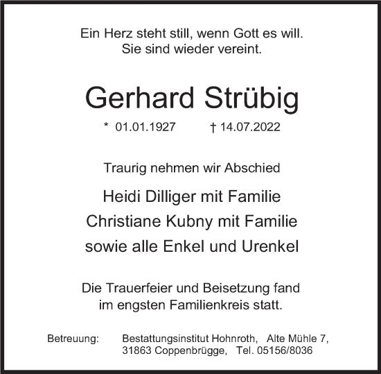 Traueranzeige von Gerhard Strübig von Deister- und Weserzeitung