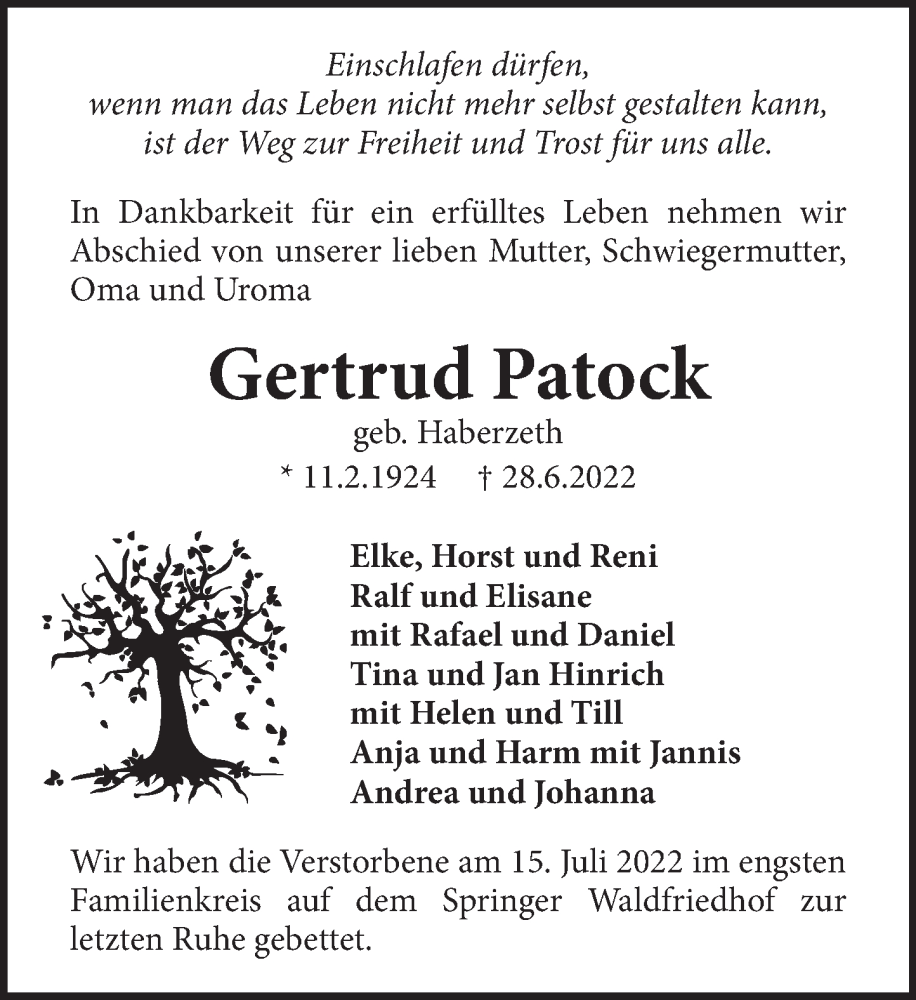  Traueranzeige für Gertrud Patock vom 16.07.2022 aus Neue Deister-Zeitung