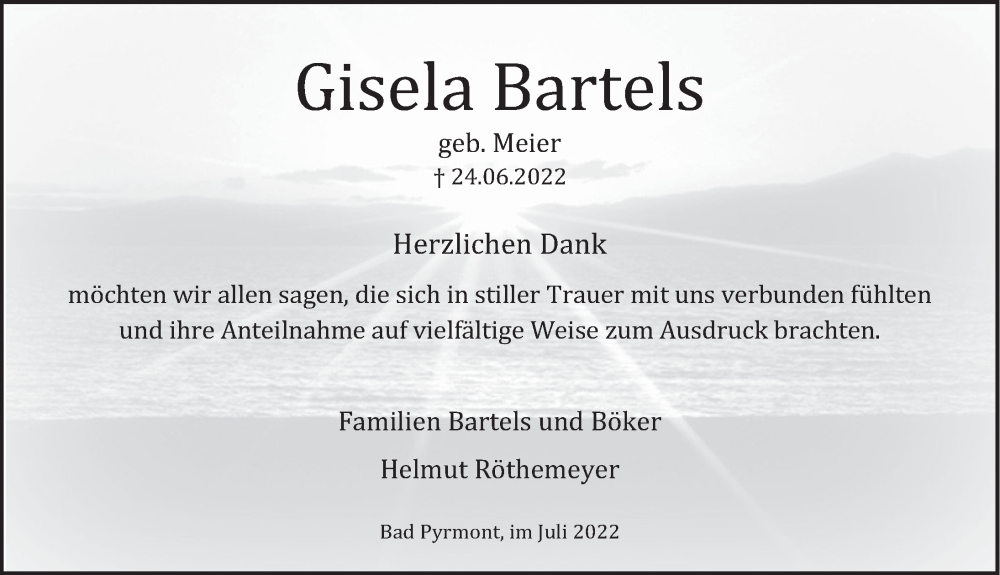  Traueranzeige für Gisela Bartels vom 30.07.2022 aus Deister- und Weserzeitung