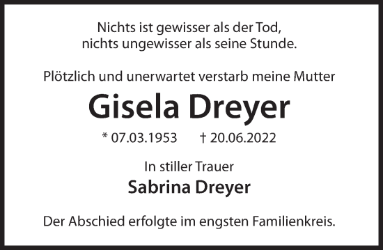 Traueranzeige von Gisela Dreyer von Deister- und Weserzeitung