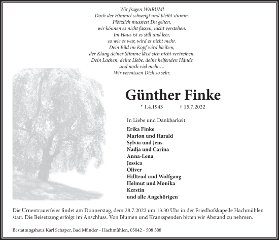 Traueranzeige von Günther Finke von Neue Deister-Zeitung