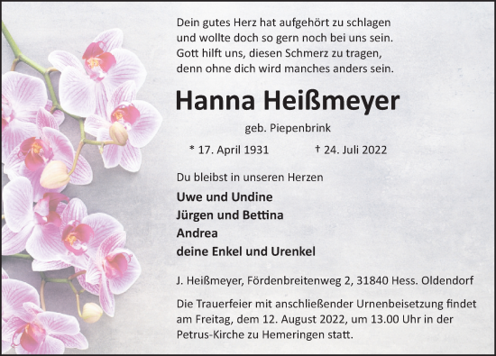Traueranzeige von Hanna Heißmeyer von Deister- und Weserzeitung