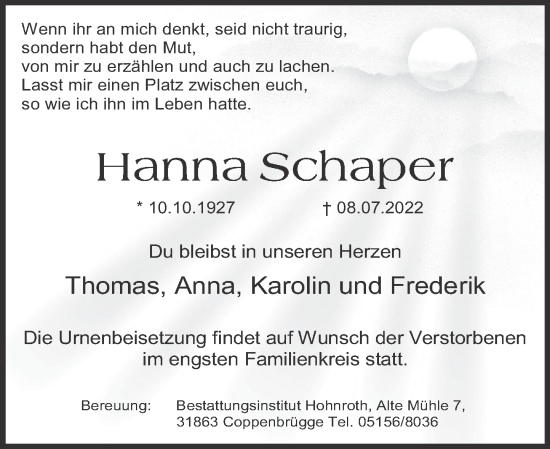 Traueranzeige von Hanna Schaper von Deister- und Weserzeitung