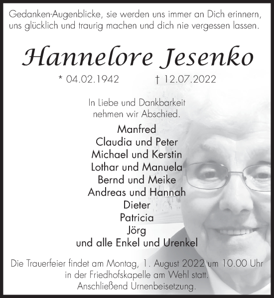 Traueranzeige von Hannelore Jesenko von Deister- und Weserzeitung