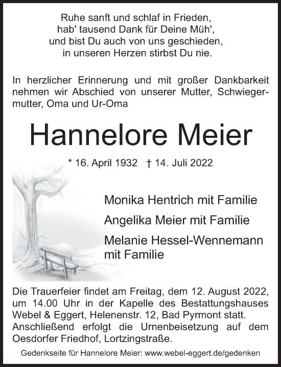 Traueranzeige von Hannelore Meier von Deister- und Weserzeitung