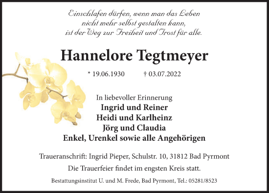 Traueranzeige von Hannelore Tegtmeyer von Deister- und Weserzeitung