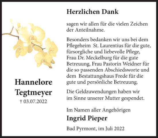 Traueranzeige von Hannelore Tegtmeyer von Deister- und Weserzeitung