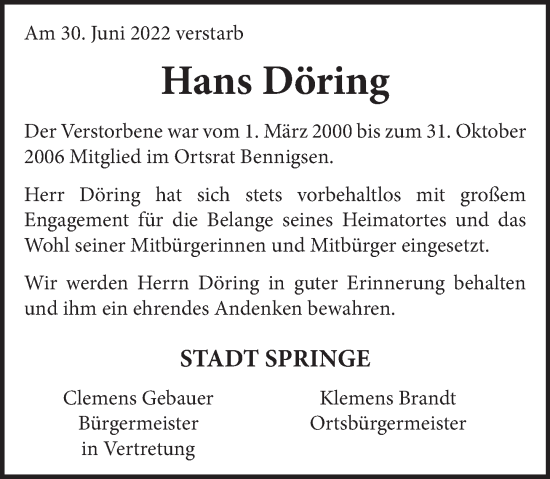 Traueranzeige von Hans Döring von Neue Deister-Zeitung