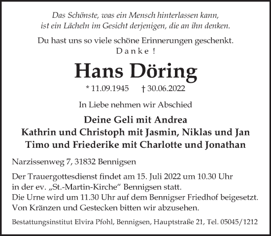 Traueranzeige von Hans Döring von Neue Deister-Zeitung