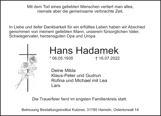 Traueranzeige von Hans Hadamek von Deister- und Weserzeitung