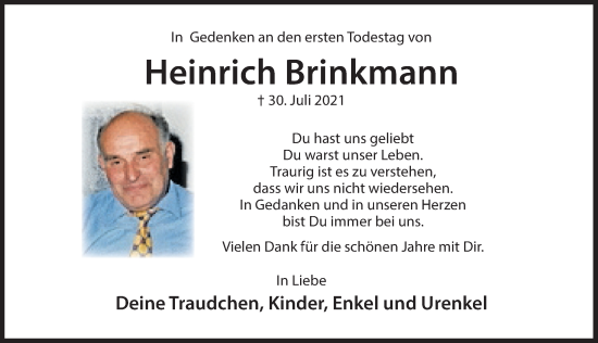 Traueranzeige von Heinrich Brinkmann von Deister- und Weserzeitung