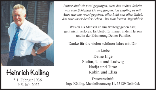 Traueranzeige von Heinrich Kölling von Deister- und Weserzeitung