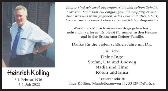 Traueranzeige von Heinrich Kölling von Deister- und Weserzeitung