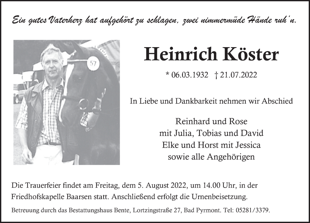  Traueranzeige für Heinrich Köster vom 30.07.2022 aus Deister- und Weserzeitung