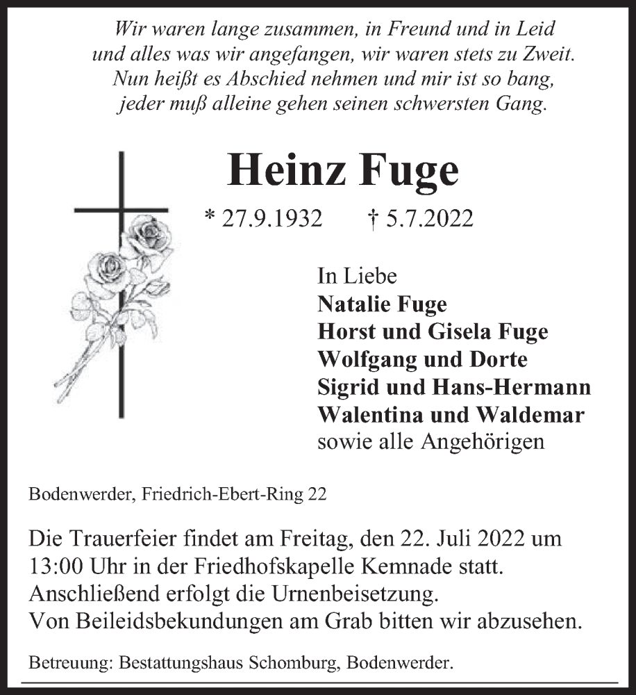  Traueranzeige für Heinz Fuge vom 15.07.2022 aus Deister- und Weserzeitung