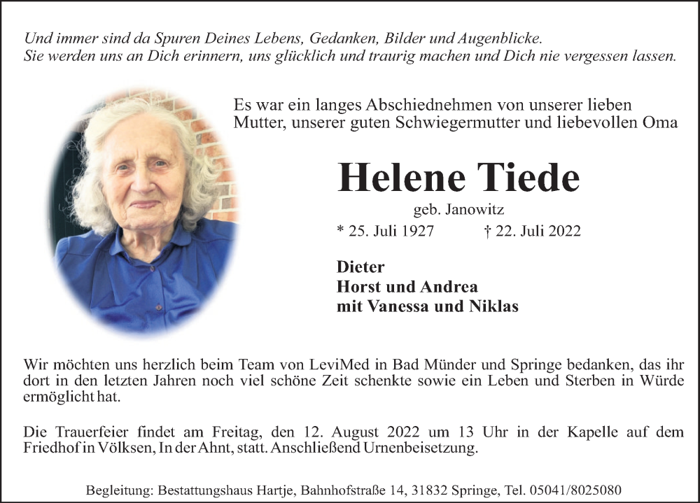  Traueranzeige für Helene Tiede vom 30.07.2022 aus Neue Deister-Zeitung