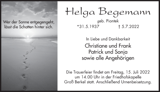 Traueranzeige von Helga Begemann von Deister- und Weserzeitung