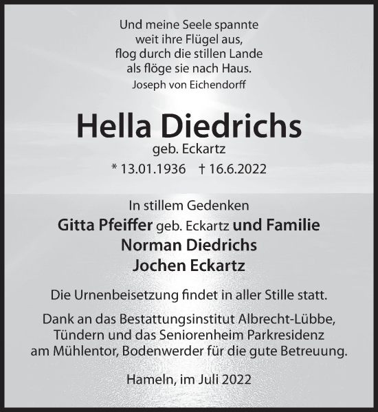 Traueranzeige von Hella Diedrichs von Deister- und Weserzeitung