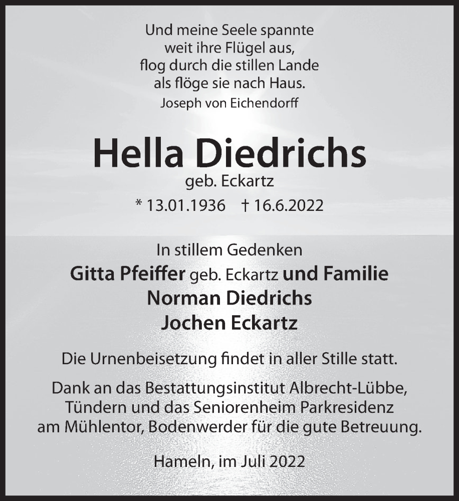  Traueranzeige für Hella Diedrichs vom 22.07.2022 aus Deister- und Weserzeitung