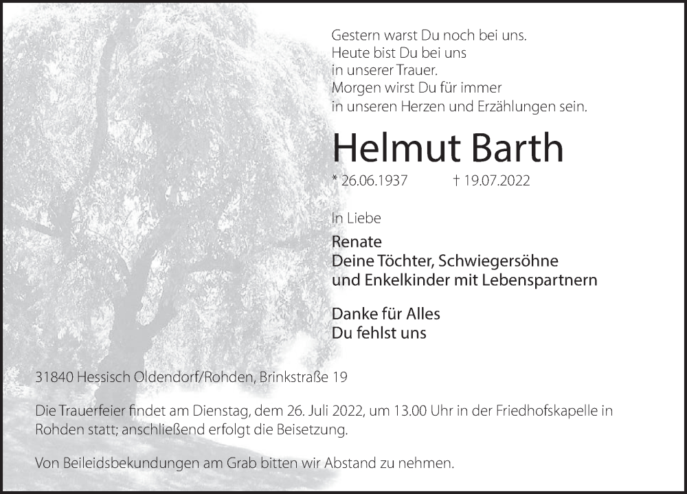  Traueranzeige für Helmut Barth vom 23.07.2022 aus Deister- und Weserzeitung
