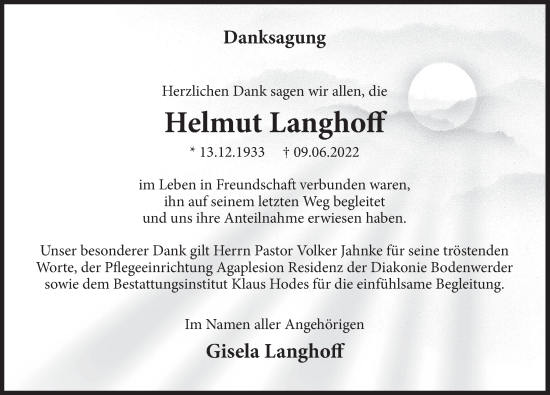Traueranzeige von Helmut Langhoff von Deister- und Weserzeitung