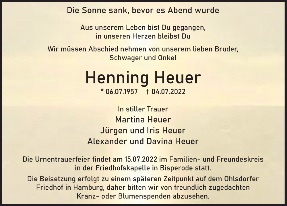  Traueranzeige für Henning Heuer vom 09.07.2022 aus Deister- und Weserzeitung