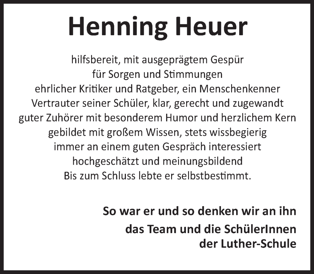 Traueranzeige für Henning Heuer vom 19.07.2022 aus Deister- und Weserzeitung