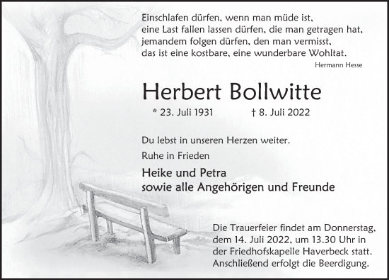 Traueranzeige von Herbert Bollwitte von Deister- und Weserzeitung