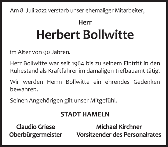 Traueranzeige von Herbert Bollwitte von Deister- und Weserzeitung