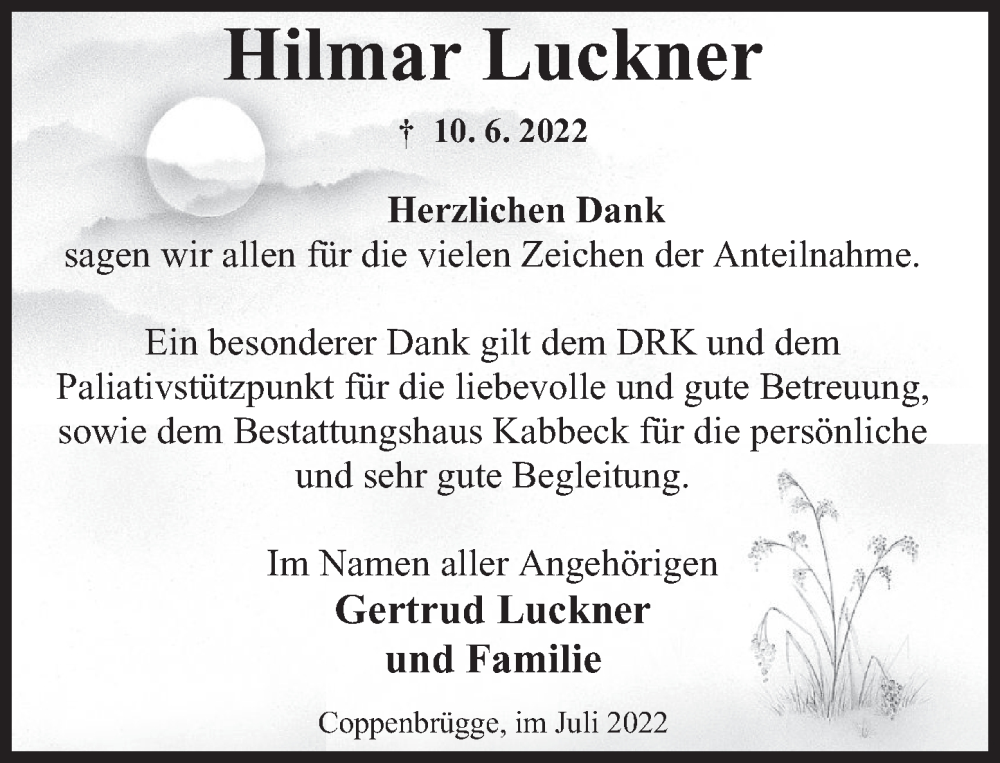  Traueranzeige für Hilmar Luckner vom 23.07.2022 aus Deister- und Weserzeitung