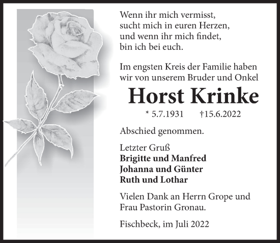 Traueranzeige von Horst Krinke von Deister- und Weserzeitung
