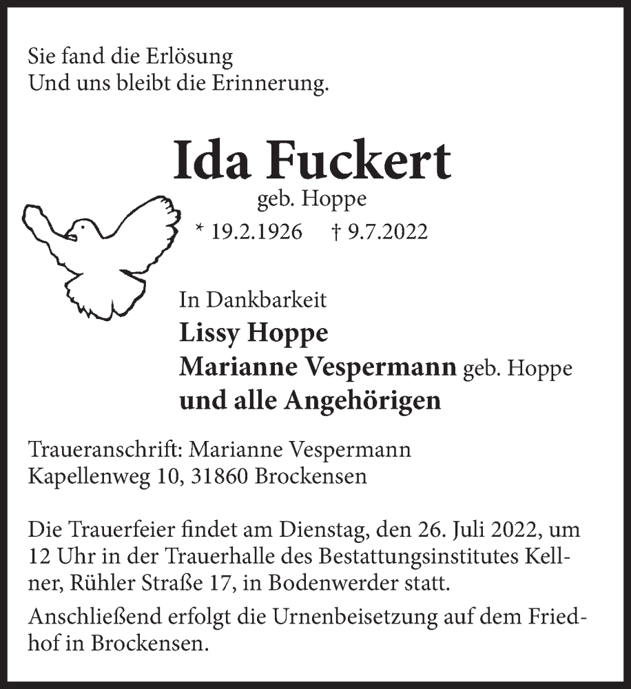  Traueranzeige für Ida Fuckert vom 22.07.2022 aus Deister- und Weserzeitung