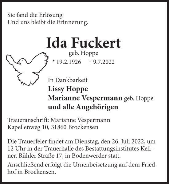 Traueranzeige von Ida Fuckert von Deister- und Weserzeitung