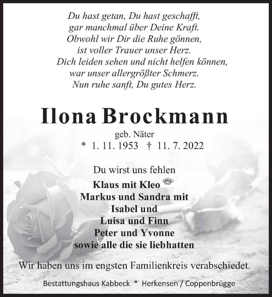  Traueranzeige für Ilona Brockmann vom 23.07.2022 aus Deister- und Weserzeitung
