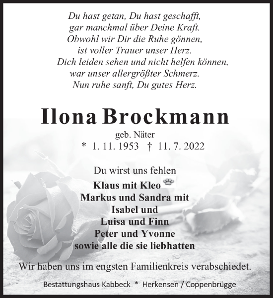 Traueranzeige von Ilona Brockmann von Deister- und Weserzeitung